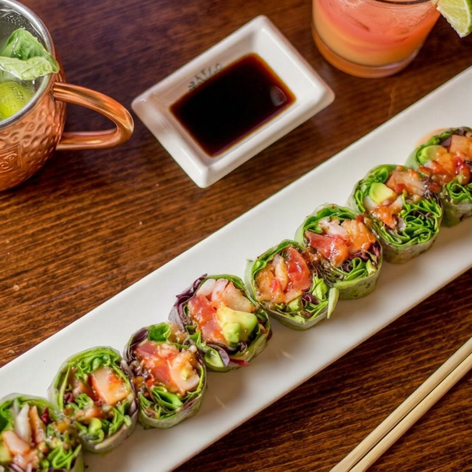 Sliced vegetable and salmon sushi rolls on a white plate with soy sauce, lime drinks, and chopsticks on a wooden table.