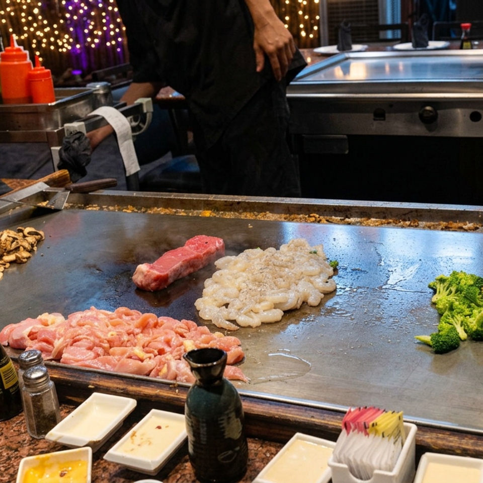 Teppanyaki grill displays raw steak, chicken, shrimp, mushrooms, onions, and broccoli while a chef cooks behind the counter.