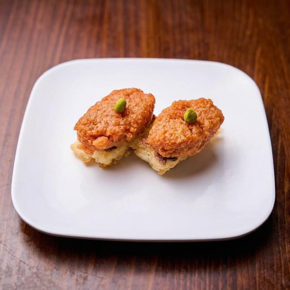 Two golden-brown fried pastries topped with green garnish on a white plate atop a wooden table.