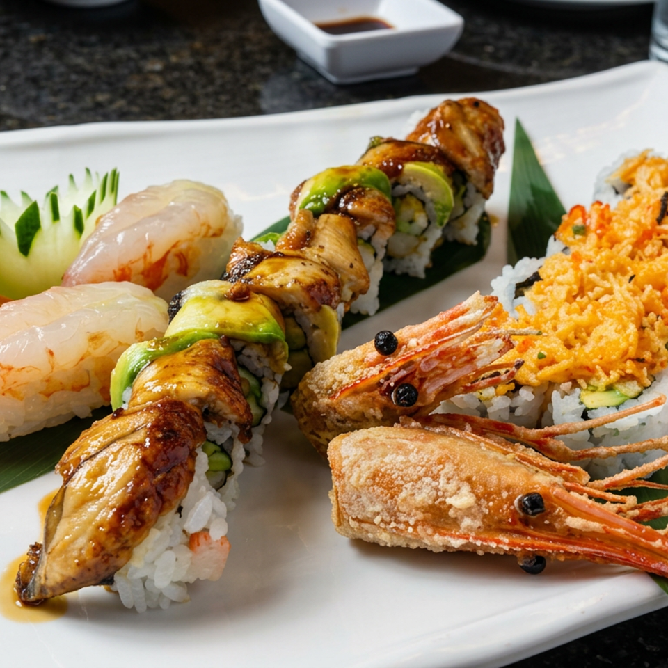 Assorted sushi platter featuring shrimp nigiri, glazed eel rolls, tempura shrimp, pickled ginger, and shredded carrot garnish.