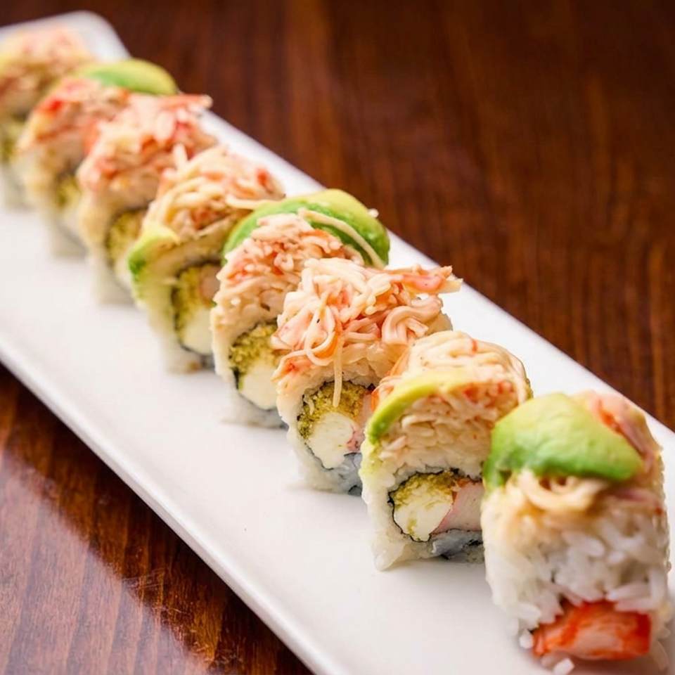 Sushi rolls topped with avocado and shredded seafood arranged on a white platter over a wooden table.
