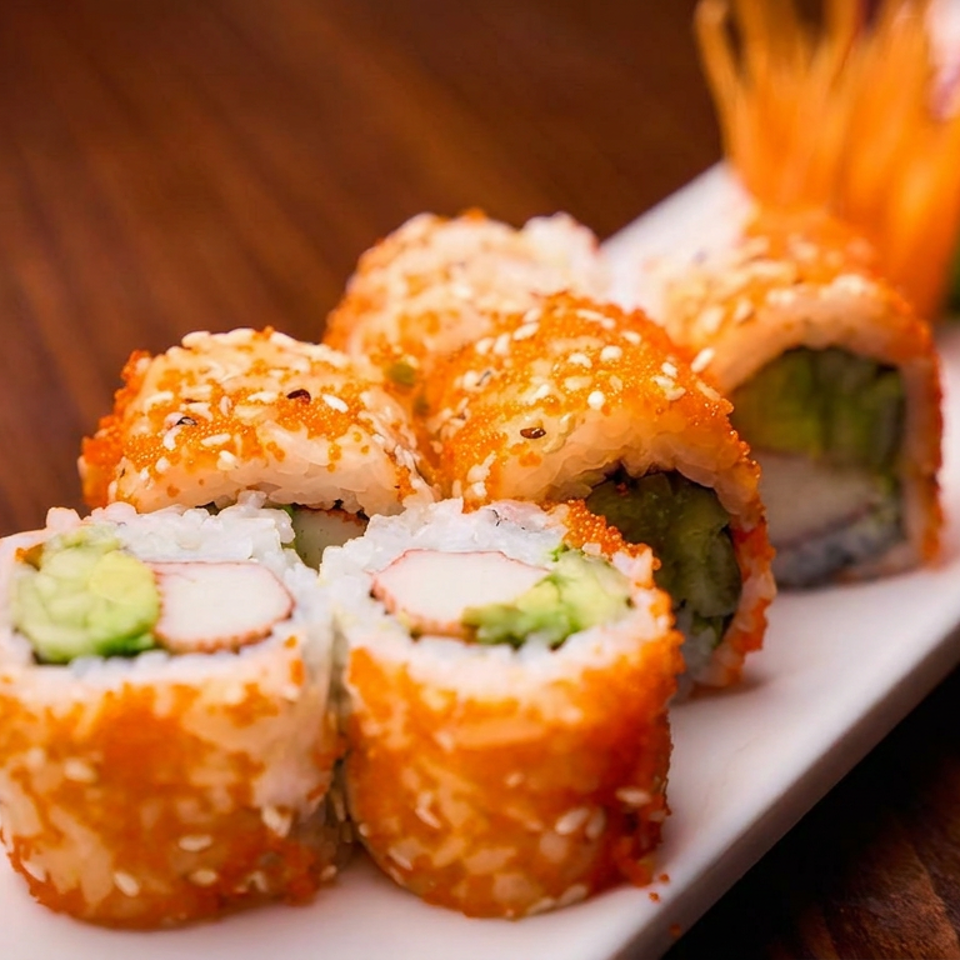 Assorted sushi rolls with orange tobiko and sesame coating, filled with avocado and seafood, arranged on a white rectangular plate.