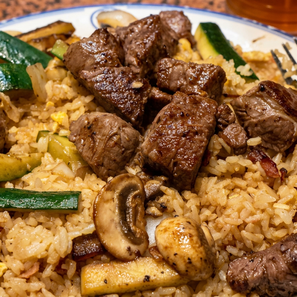 Grilled steak bites served over fried rice with zucchini, onions, mushrooms, and egg on a blue-rimmed plate.