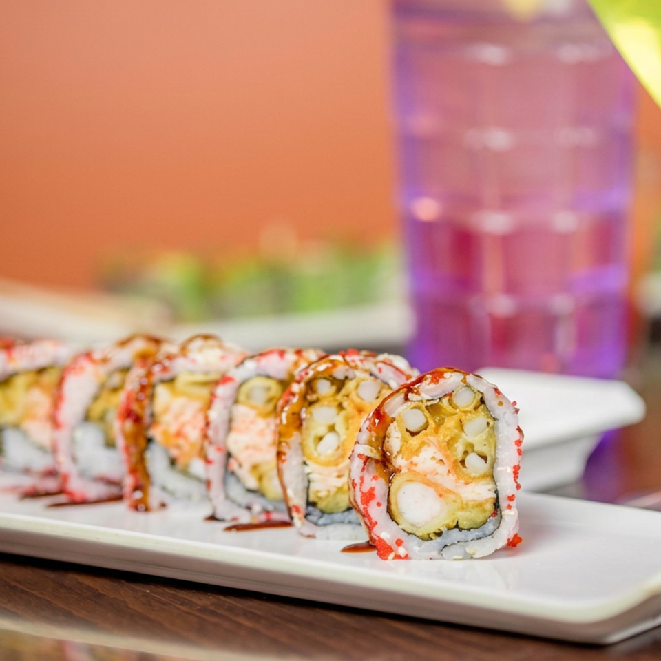 Sushi roll slices with colorful toppings served on a white rectangular plate beside drinks at a restaurant table.