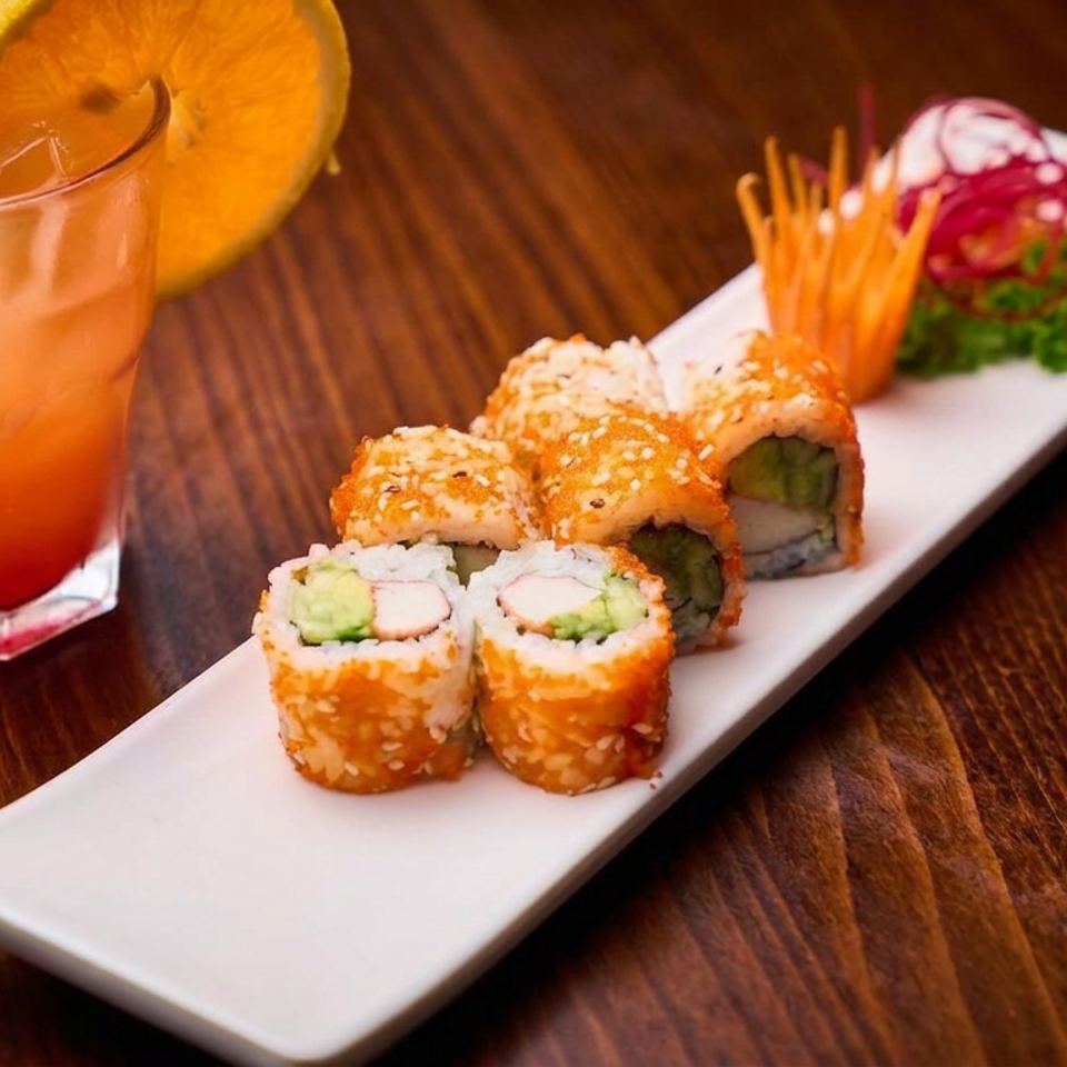 Sushi rolls with avocado and seafood on a white plate beside an orange cocktail garnished with a citrus slice.